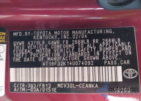 2004 Toyota Camry Le V6 z USA, uszkodzony, nr VIN 4T1BF32K14U074092